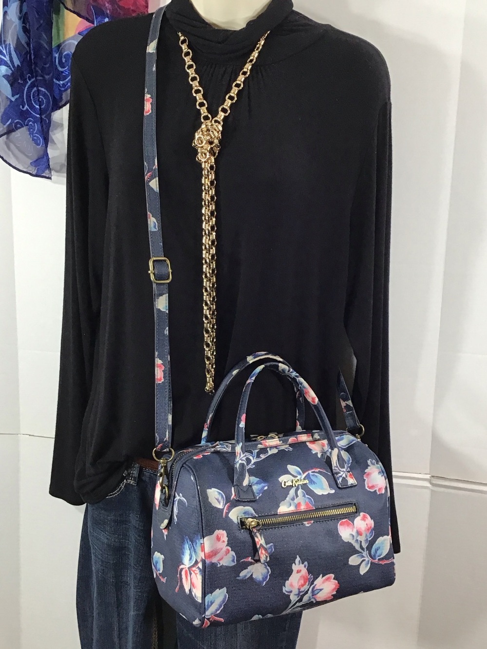 Cath Kidston Floral Navy Dome Satchel Bag with Adjustable Strap